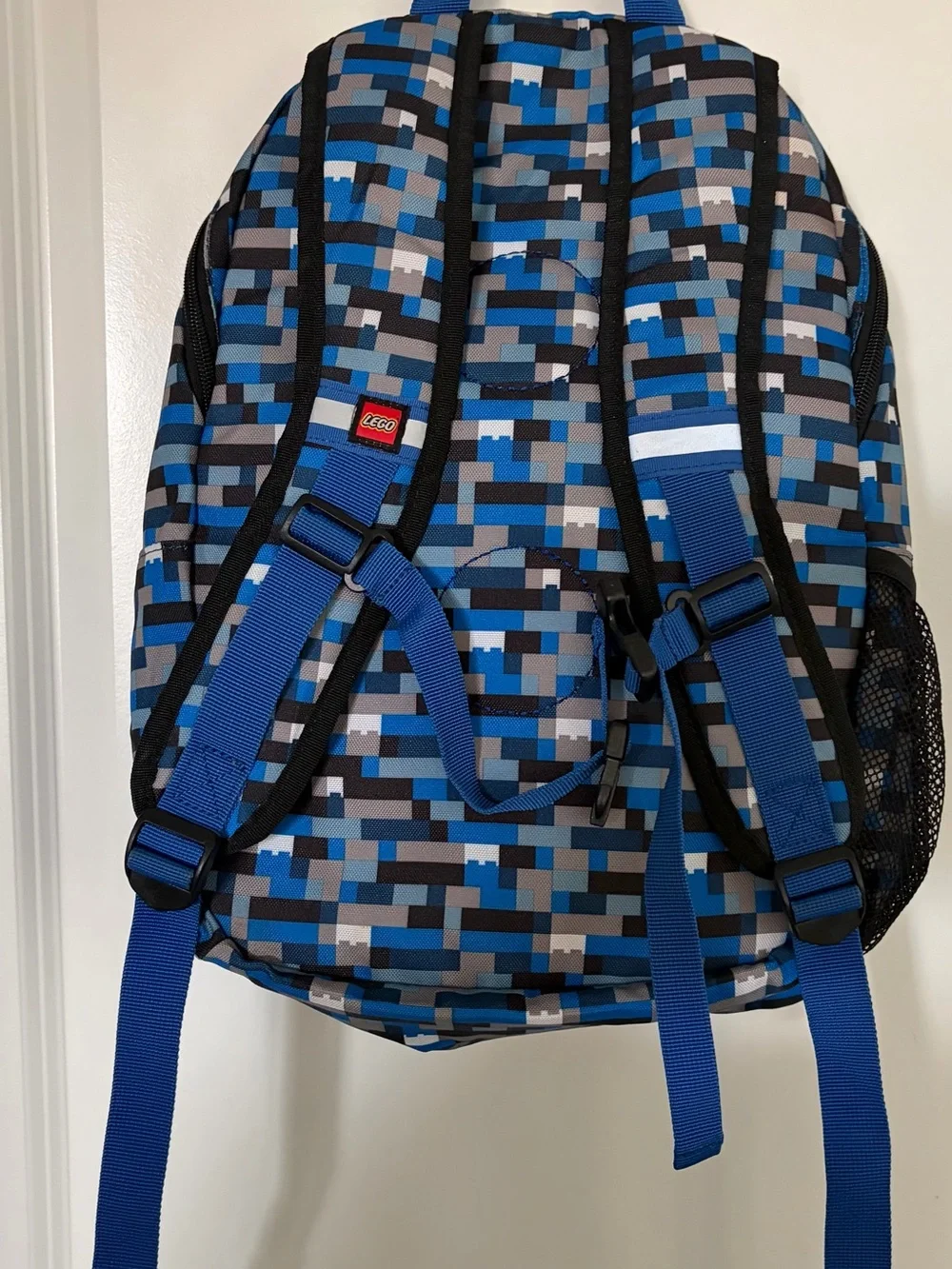 Lego Unisex Backpack in Blue, Black & Gray Pixel Print. Very Good Condition